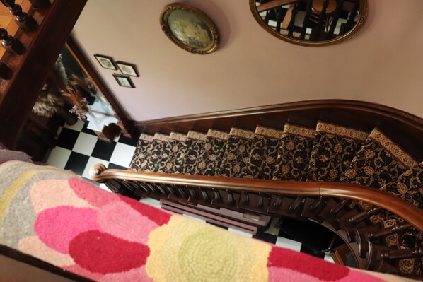 A staircase with a patterned carpet, a wooden handrail, and a checkered floor.