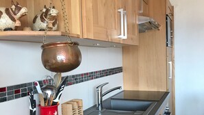 Una cocina con armarios de madera, un lavamanos de acero inoxidable y una olla de cobre colgando.
