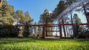 A wooden gate in a grassy area with trees in the background. - Beautiful Wooded Dream Cabin Backs Forest (Flagstaff)