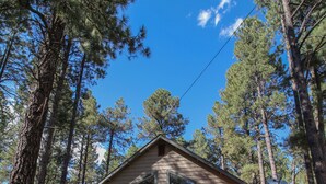 A two-story house with a large window and an outdoor umbrella. - Beautiful Wooded Dream Cabin Backs Forest (Flagstaff)