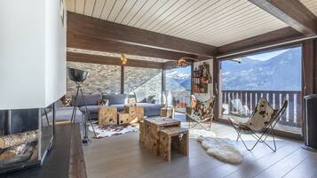 Smart-tv, een open haard, een dvd-speler en boeken