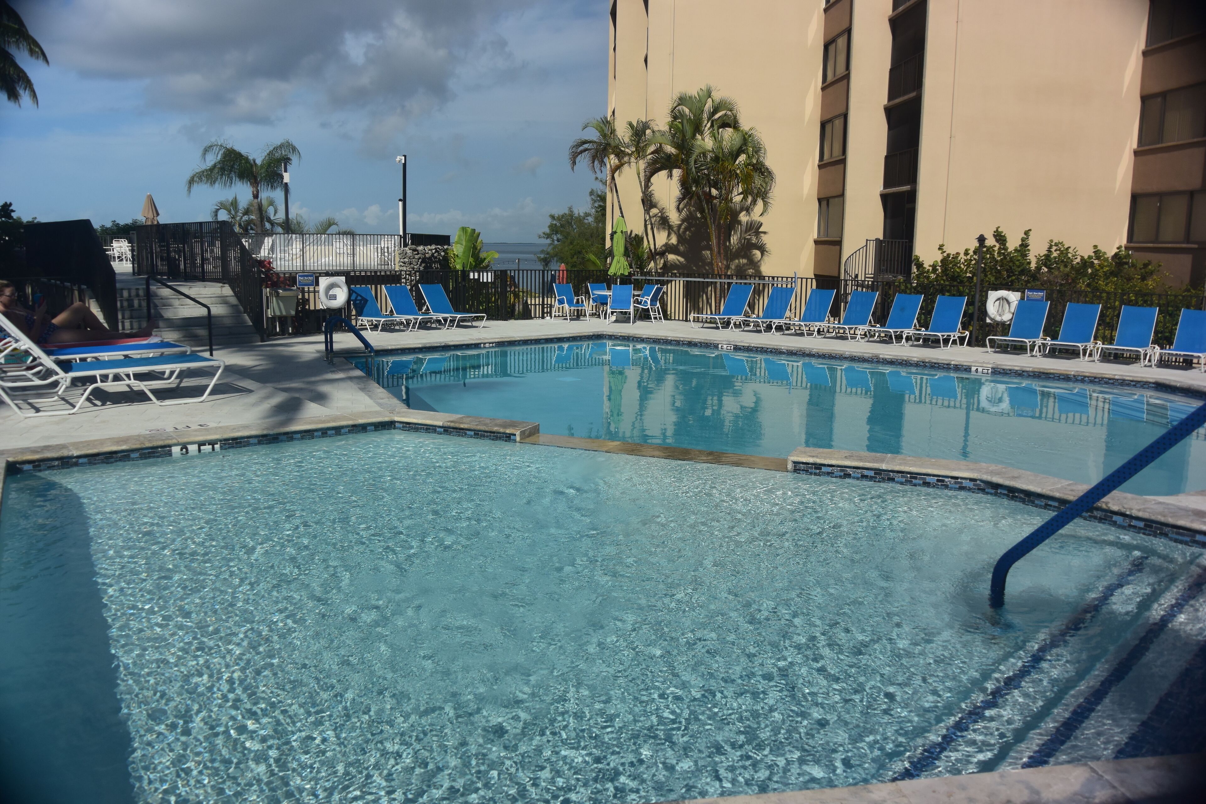 A swimming pool with blue lounge chairs and a palm tree in the background.