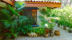 Een huis met pannendak, omringd door verschillende potplanten en een kleine tuin.