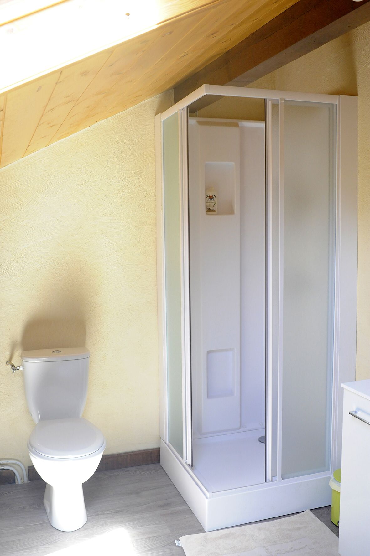 A bathroom with a toilet, a shower enclosure, and a sink.