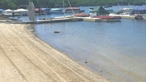 Una marina con barcos amarrados, una playa arenosa y una colina boscosa al fondo.