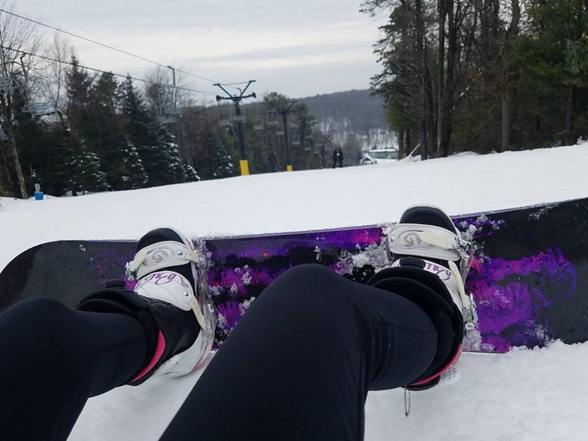 A snowboarder's feet on a purple snowboard with a snowy background and trees.