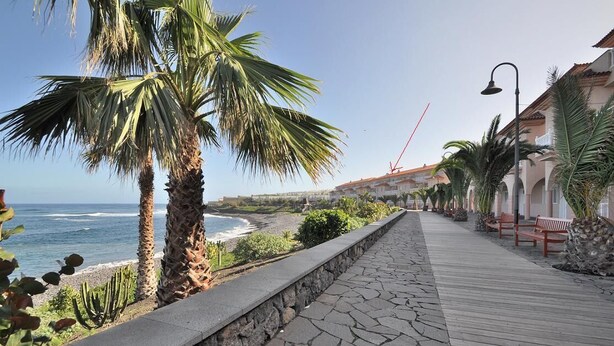 A coastal walkway with palm trees, benches, and a view of the ocean. - New 2010 - 1 bdrm penthouse, ocean front, south and north facing terrace, luxury (Garachico)