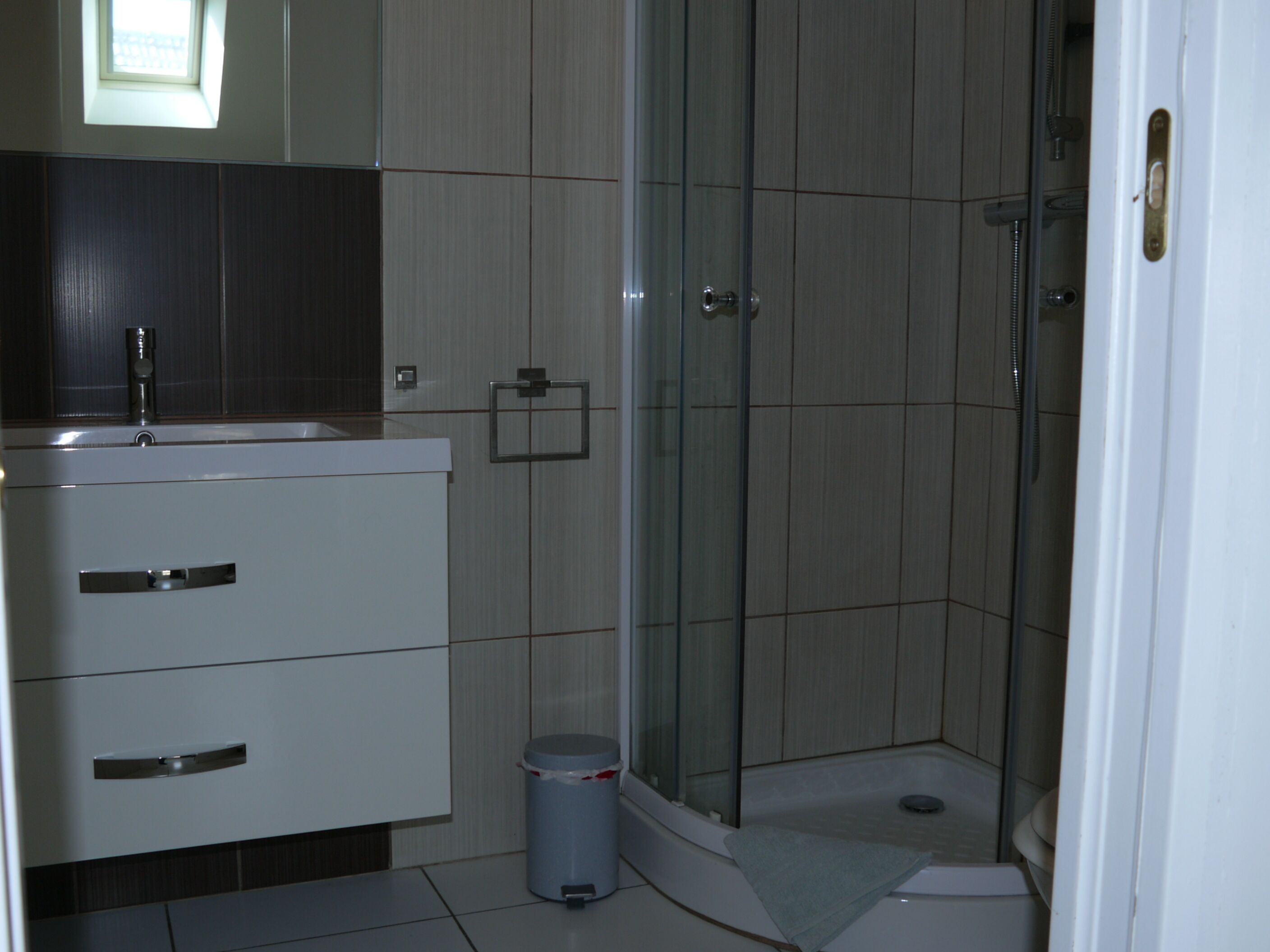 A bathroom with a shower, a sink, and a trash bin.