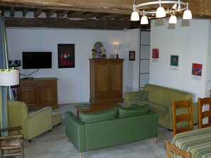 Televisio, DVD-soitin, pöytätennispöytä, kirjoja