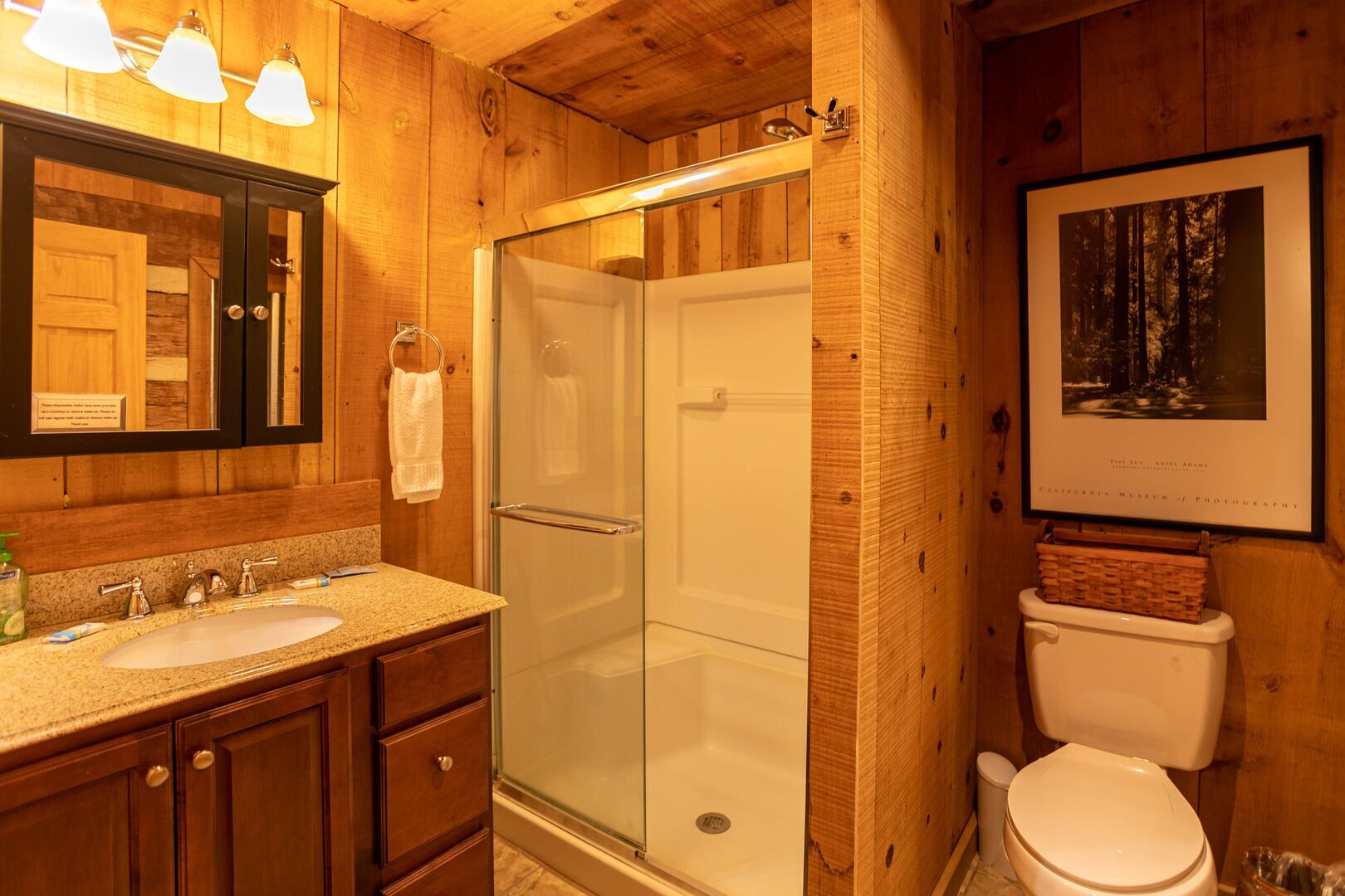 Ein Badezimmer aus Holz mit einem Doppelwaschbecken, einer Duschkabine aus Glas und einer Toilette.