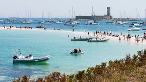A beach with numerous boats and people enjoying the water. - VERY NICE HOUSE with SEA VIEW and garden overlooking coastal path (Concarneau)
