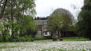 Una casa rodeada por un campo de flores blancas.