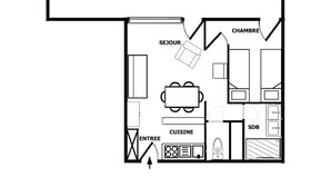 A floor plan of Vanoise 11 with a balcony, ensuite bathroom, kitchen, living room, and a separate sleeping area.