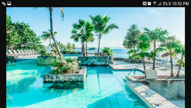 A pool area with clear blue water, surrounded by palm trees and lounge chairs. - Welcome to Paradise! (St Thomas)