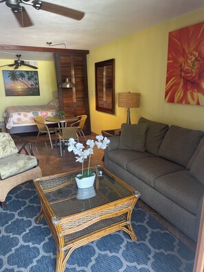 A living room with a sofa, a glass coffee table with a plant, a dining area with chairs, a bed with a colorful bedspread, and a ceiling fan.