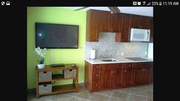 Fridge, microwave, oven, coffee/tea maker