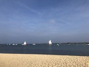 On the beach, sun-loungers