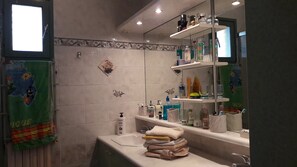 A bathroom with a sink, mirror, and shelves with toiletries. There is a towel rack with towels and a decorative tile with a ship design. - Rentals Holidays vacations Brittany Golfe Morbihan Vannes France cottage (Vannes)