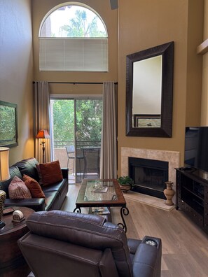 Smart TV, fireplace, DVD player, books