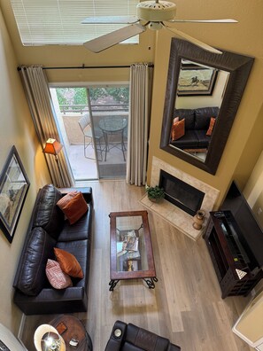 Smart TV, fireplace, DVD player, books