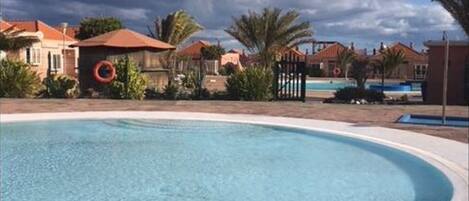 A swimming pool with a curved edge, surrounded by palm trees and buildings with red-tiled roofs.