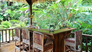 Une terrasse en bois dotée d’un bar, entourée d’une végétation tropicale luxuriante et surmontée d’une structure à toit de chaume.
