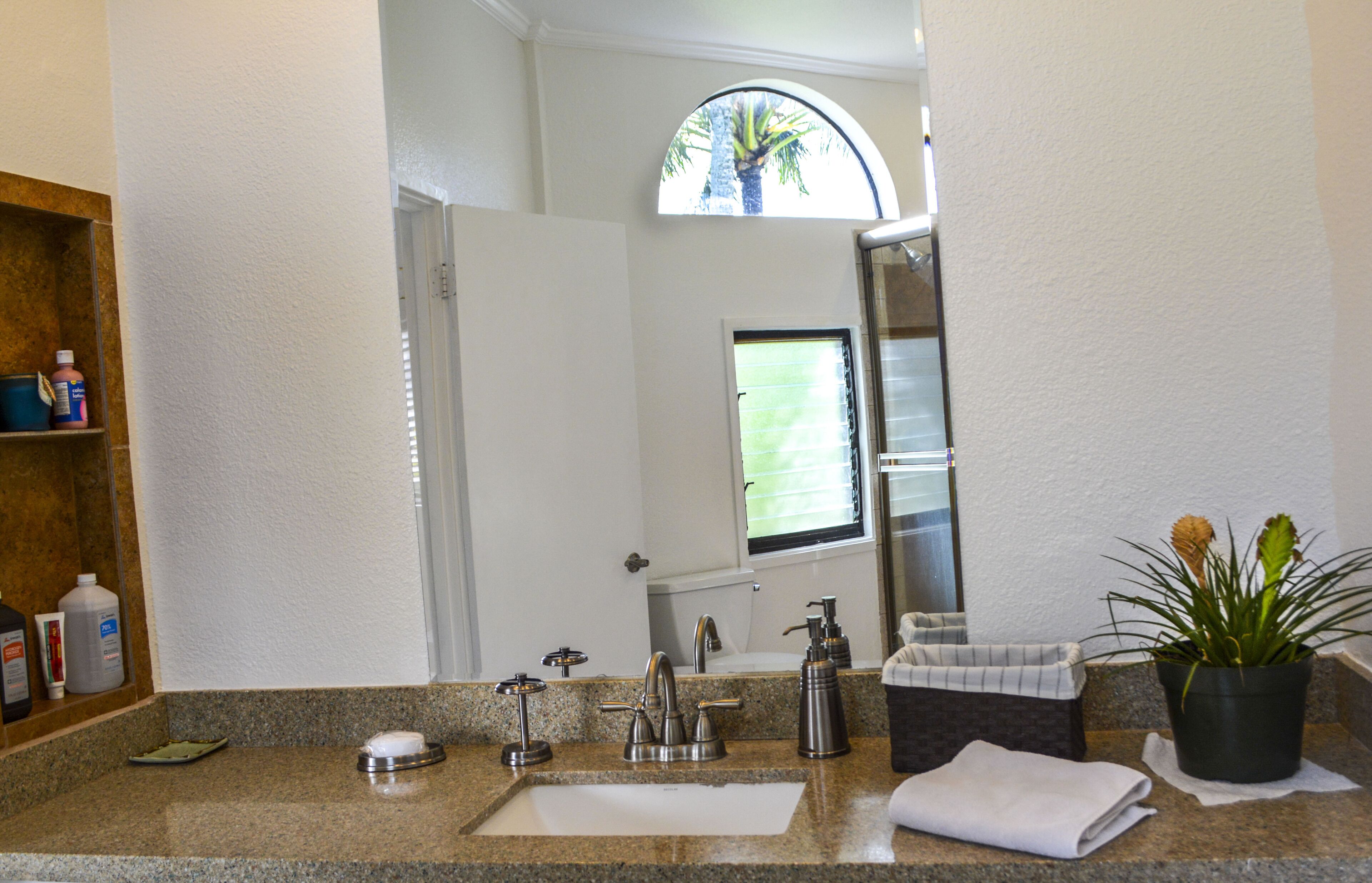 A bathroom with a granite countertop, a sink, a mirror, a window with a view of greenery, and a potted plant.