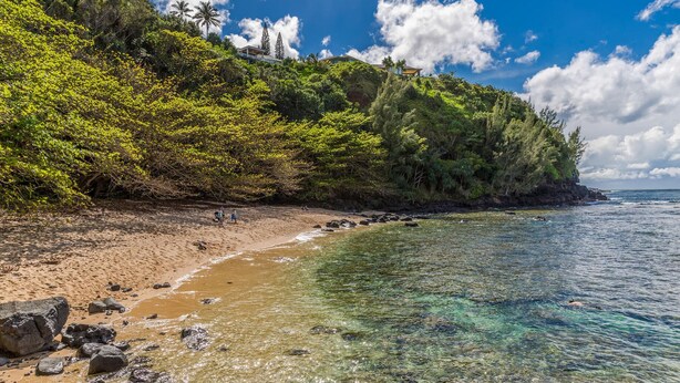 A beach with clear water, rocky shore, and lush greenery. - Beautiful Princeville Condo (Princeville)
