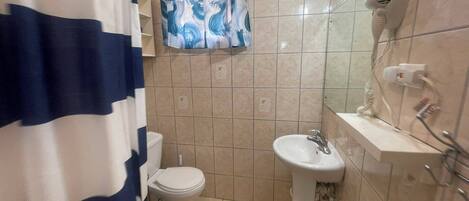 Et badeværelse med toilet, håndvask og hårtørrer.