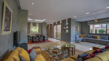 Télévision, cheminée, lecteur de DVD, livres