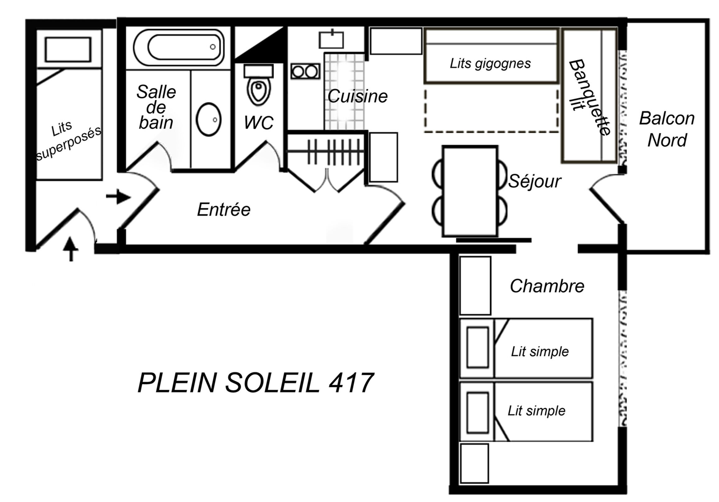 A floor plan of a hotel room labeled "PLEIN SOLEIL 417" with a kitchenette, WC, ensuite bathroom, ensuite shower, sitting area, balcony, and two simple bedrooms.