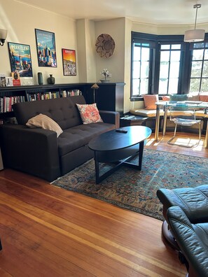 TV, fireplace, books