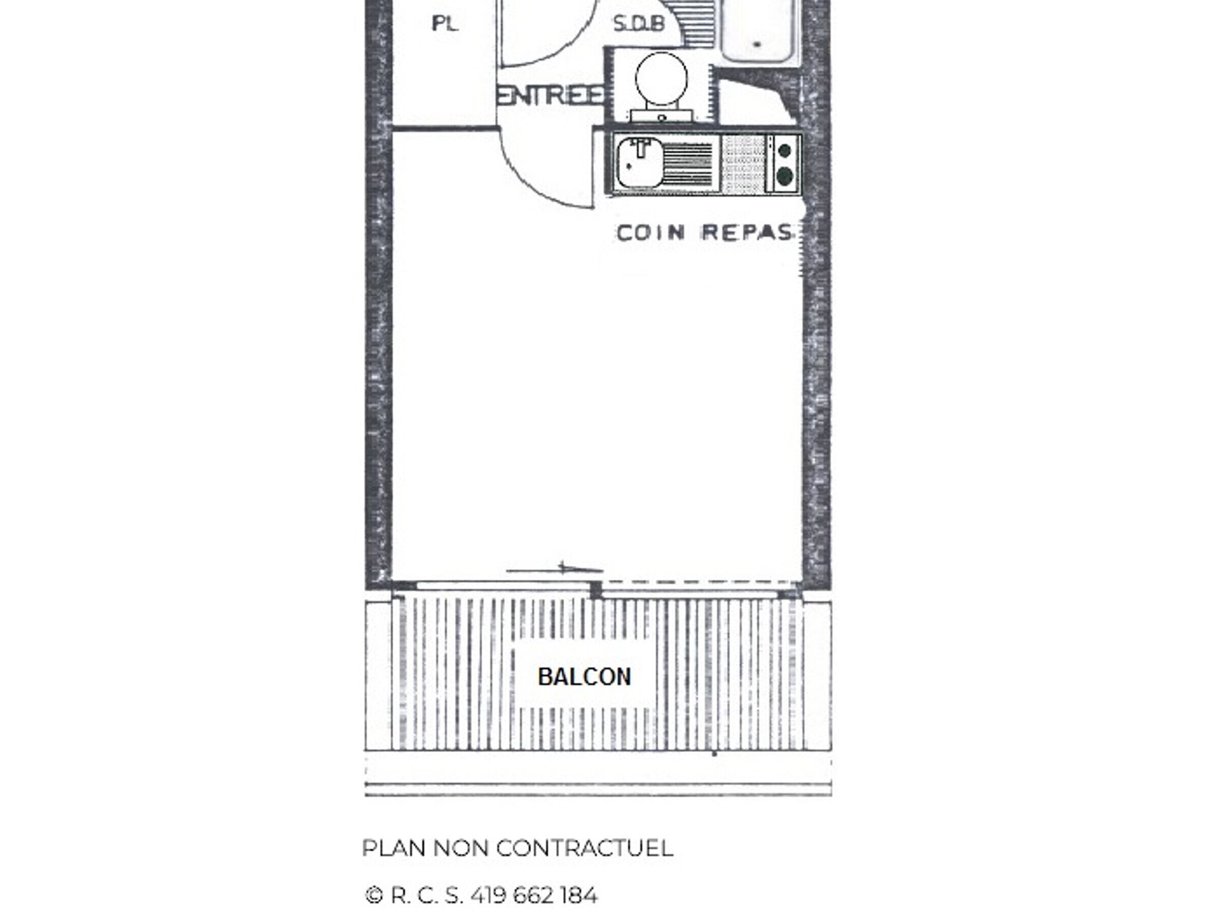 A non-contractual plan of a hotel with a balcony, a coin repas, and an entrance.