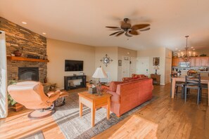 Smart TV, fireplace, books