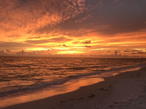 Une plage avec des vagues et un coucher de soleil.