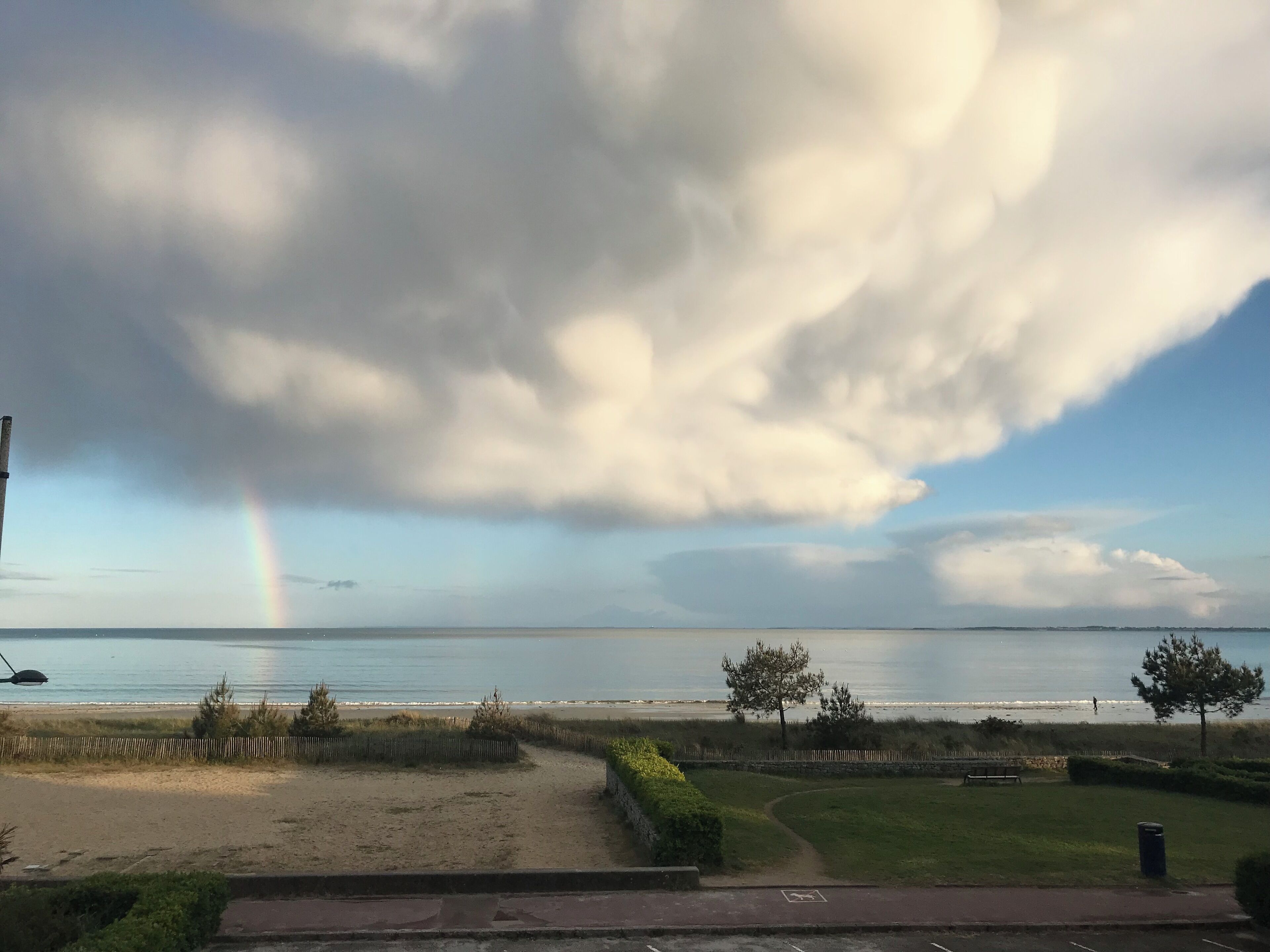 Näkymä rannalle, jossa näkyy sateenkaari, hiekkainen polku ja ruohikkoalue, jossa on puita.