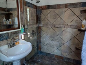 Douche, séchoir à cheveux, serviettes fournies, savon