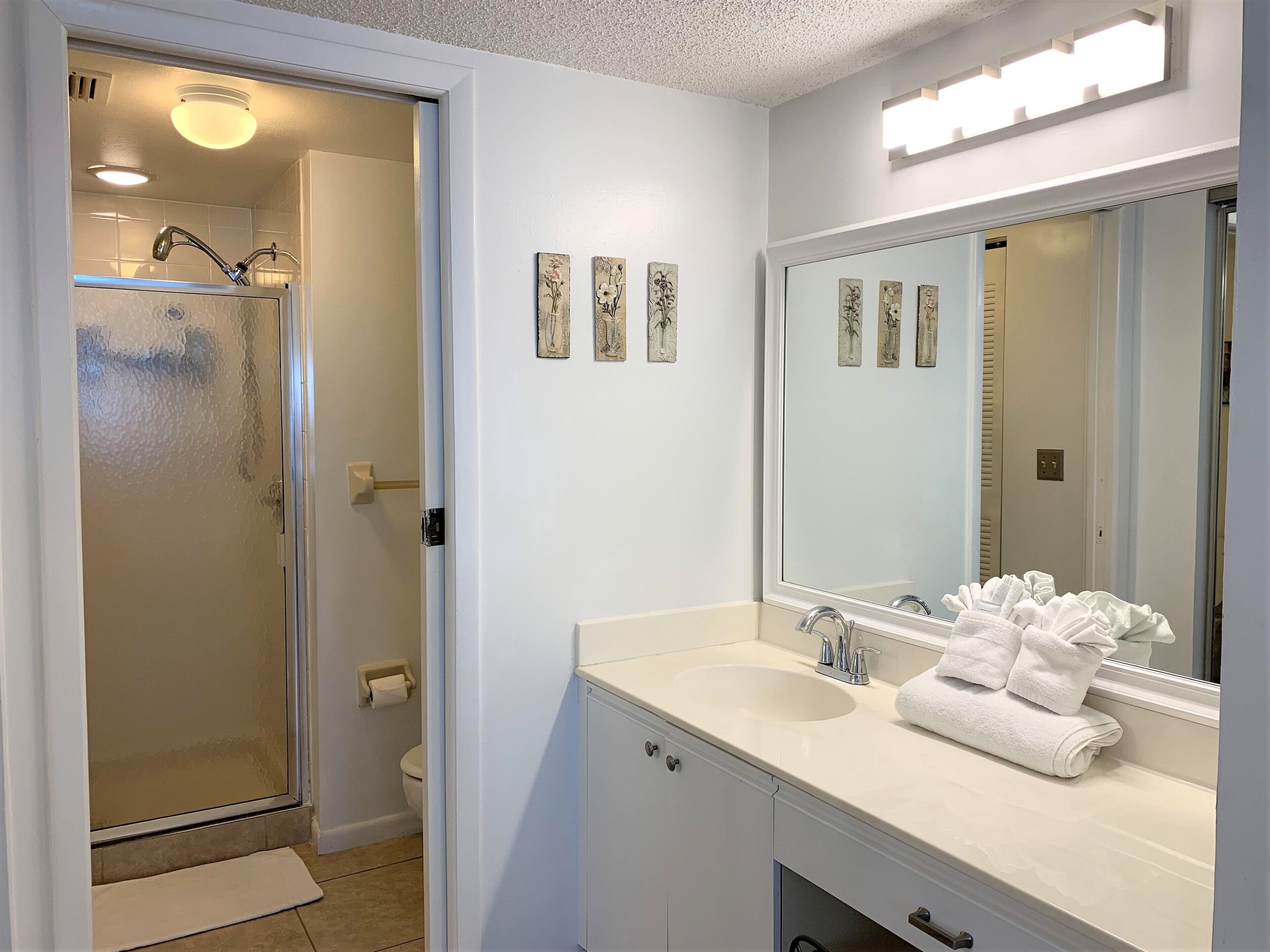 Combined shower/tub, hair dryer, towels, soap