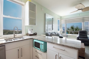 A modern kitchen with a built-in microwave, a sink, and a window overlooking a scenic view. - Oceanfront 1Br/1Ba condo~ The One (Folly Beach)