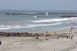 On the beach, sun loungers, beach towels