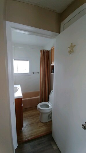 Combined shower/tub, hair dryer, towels, soap