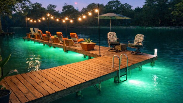 Un muelle de madera que se adentra en el agua, con sillones de descanso y una mesa bajo luces colgantes.