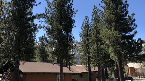 A building with a brown roof and white walls, surrounded by tall pine trees. - Pet friendly, newly updated, 2 bedroom and a loft woodlands unit (Mammoth Lakes)