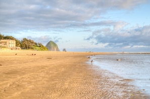 On the beach, sun loungers