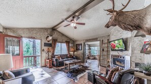 TV, fireplace, DVD player, books - River Ridge Retreat: Cozy yet modern with private hot tub and amazing views. Dog friendly. (Ruidoso)