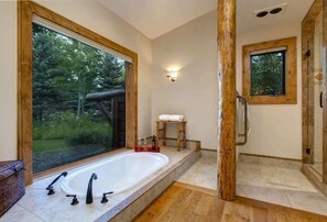 Combined shower/bathtub, hair dryer, shampoo