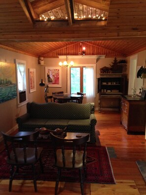 Smart TV, fireplace, books, music library