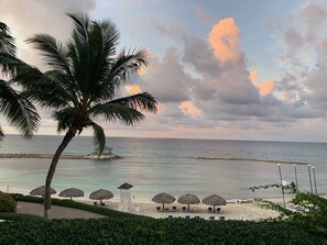 On the beach, sun-loungers, beach towels