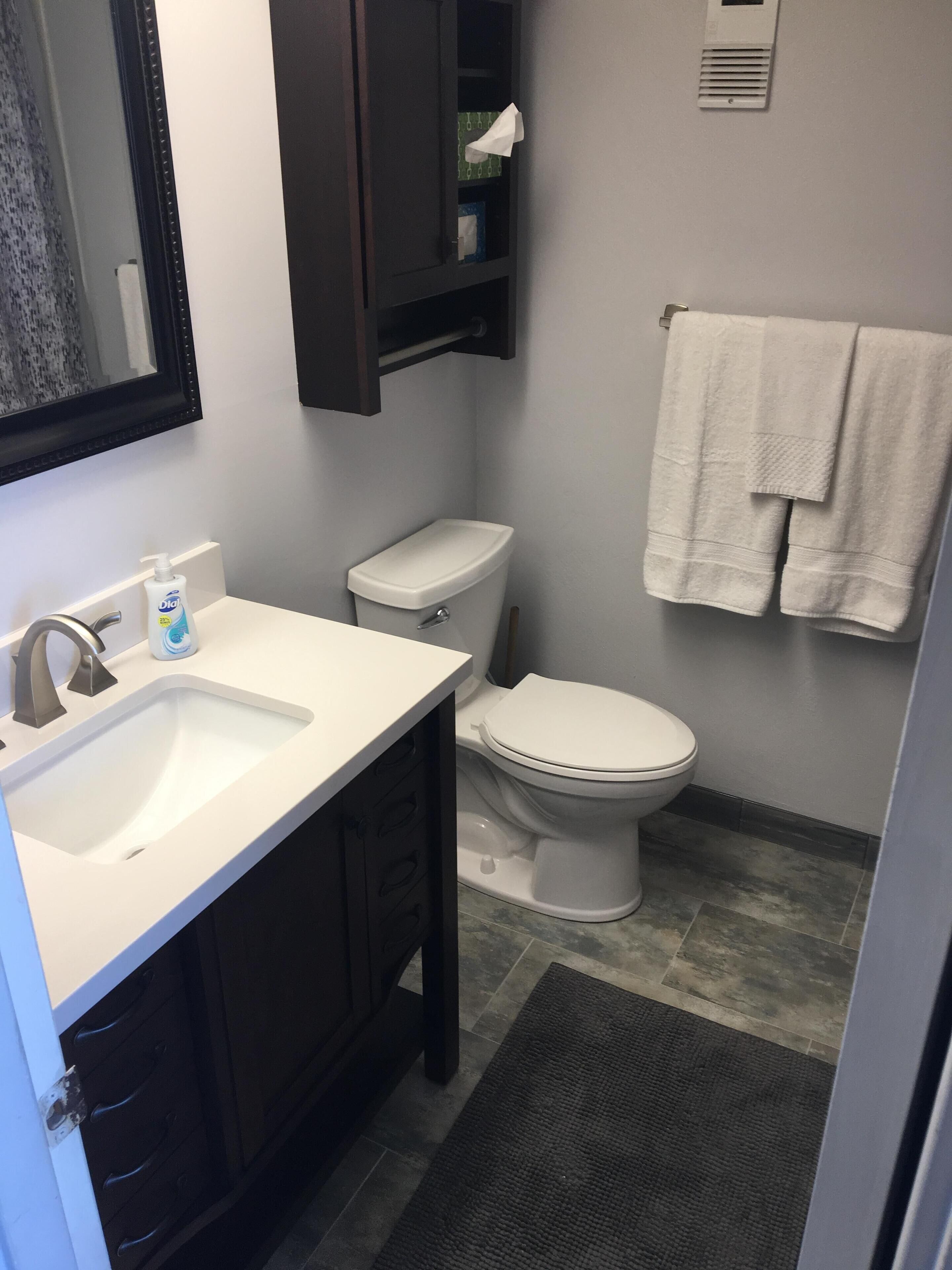 Een badkamer met een wit wastafel, donker houten wastafelmeubel, een toilet en een handdoekhouder met twee witte handdoeken.