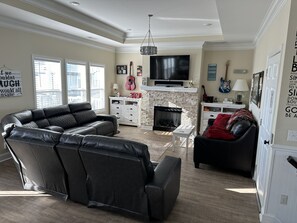 Smart TV, fireplace, video games, DVD player